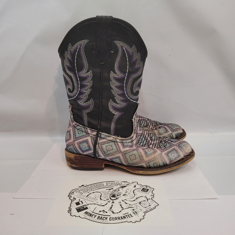 Roper Cowboy Boots Little Kids Size 1 Black Purple Glitter Geometric Square Toe